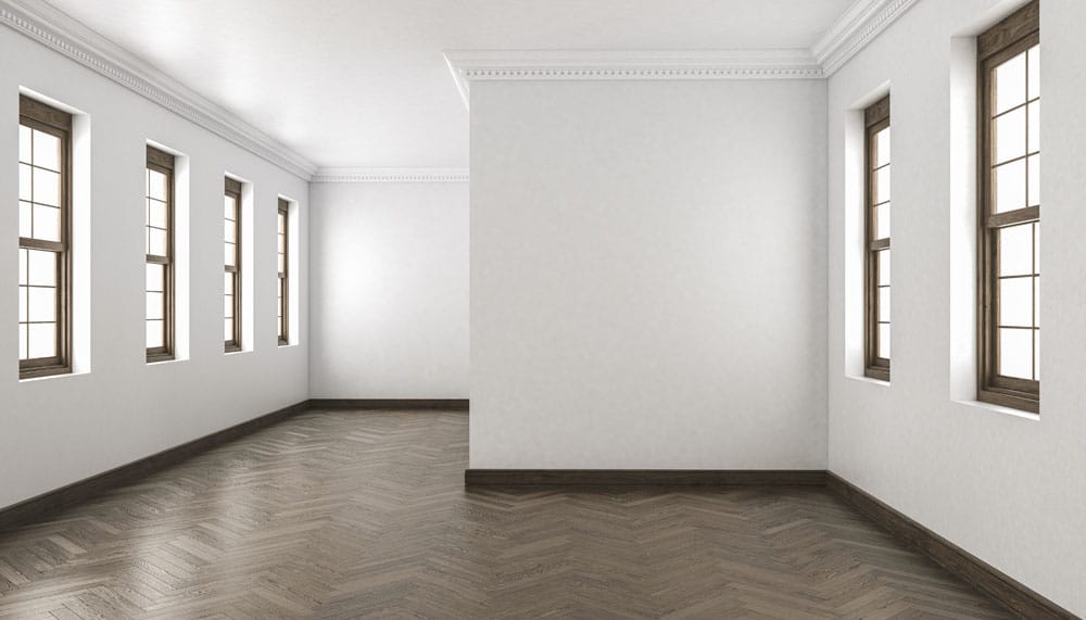 Building Interior with Chevron Parquet and Single Hung Windows Houten vloeren Noordwijkerhout